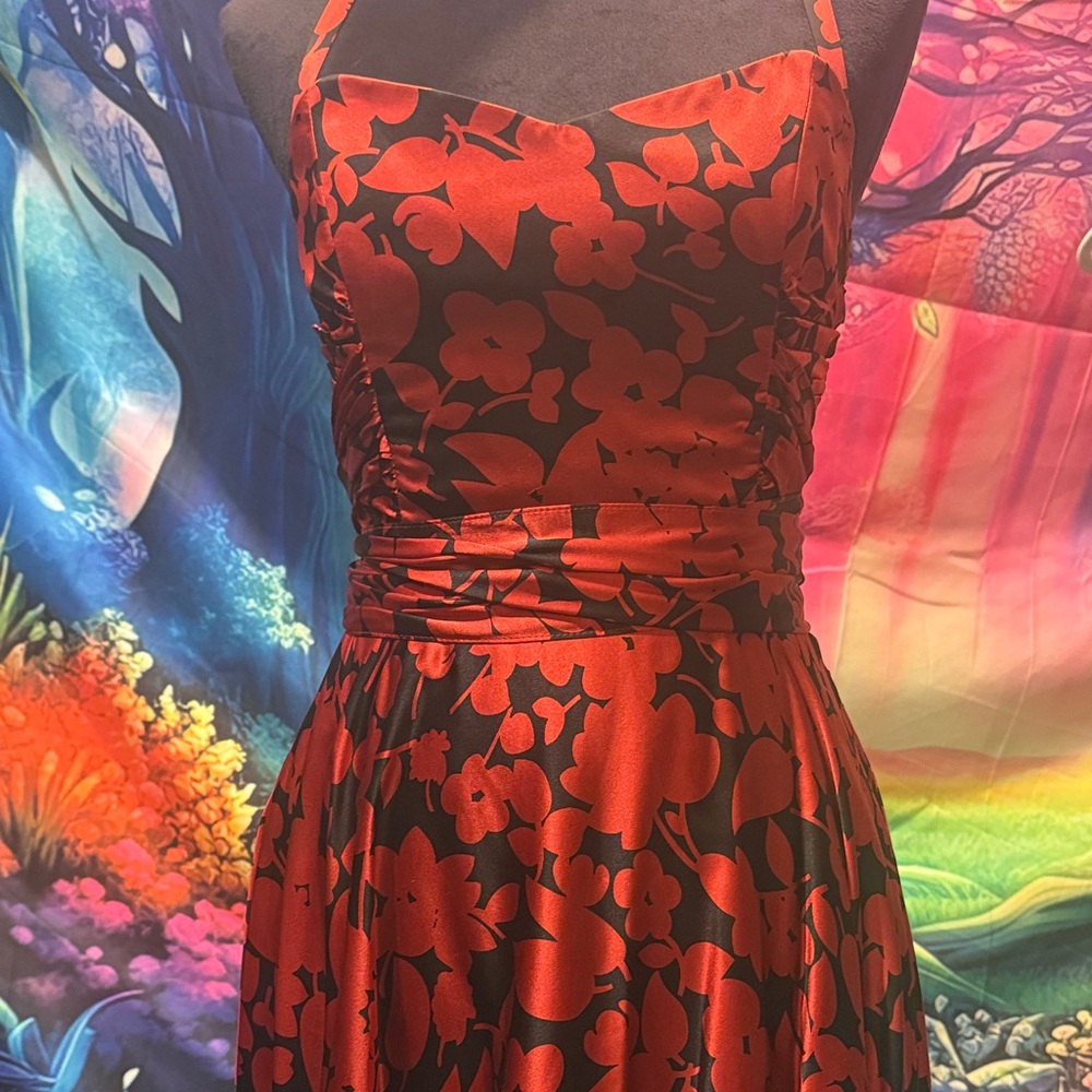 Betsey Johnson New York vintage silk halter Strapless Red Black Floral Dress
